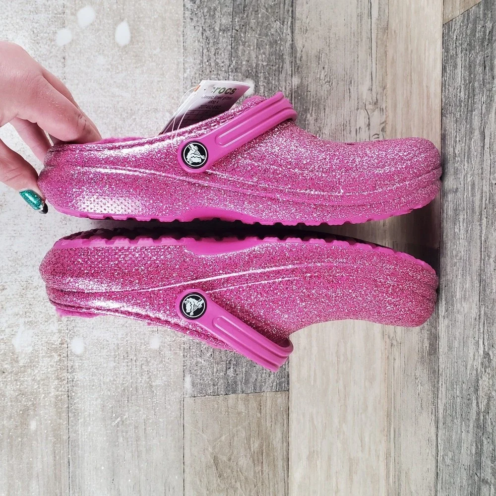 Crocs Classic Lined‎ Glitter Kids Clogs Sz 6 Fuchsia Fun Slingback Sandals